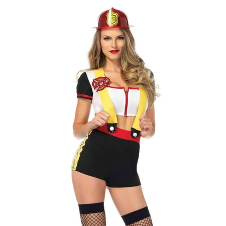 Leg Avenue 2PC. Code Red Cutie, zipper front crop top, suspender shorts w/badge MEDIUM MULTICOLOR
