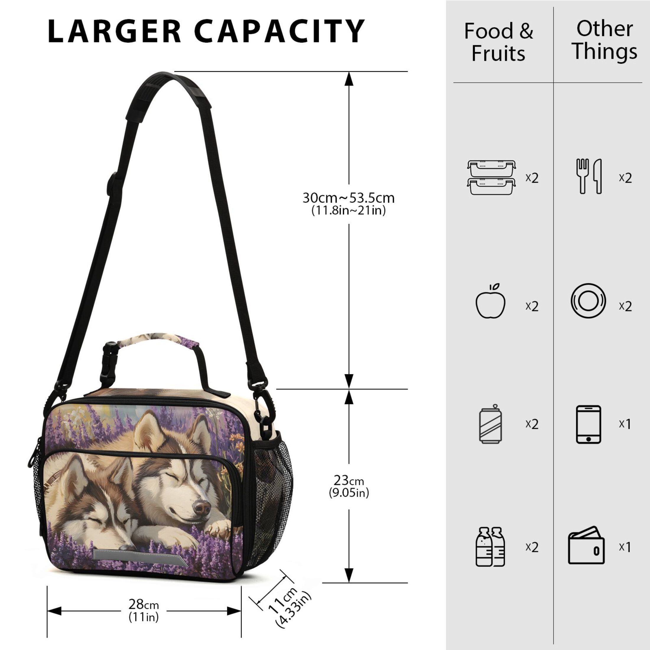 ALAZA Huskies Dog in Lavenders Lunch Box Insulated Cooler Bag Reusable Tote Bags Shoulder Strap