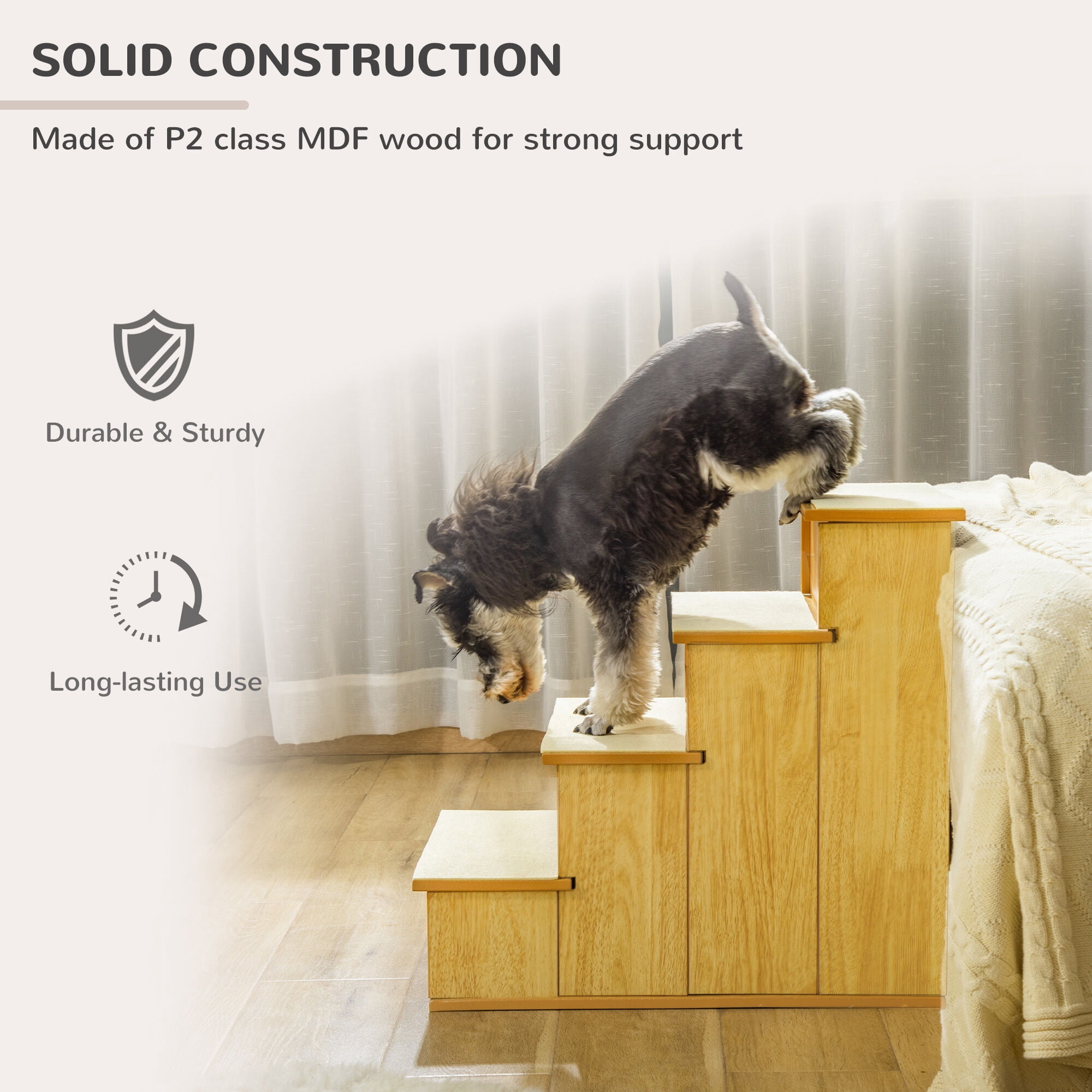 PawHut Pet Stairs for Small Dogs & Cats, Natural Wood Pet Steps with Removable Cushioned Cover, Non-Slip Ramp for Sofa & Bed, Supports Up to 22 lbs, 15.75" L x 23.25" W x 21.25" H