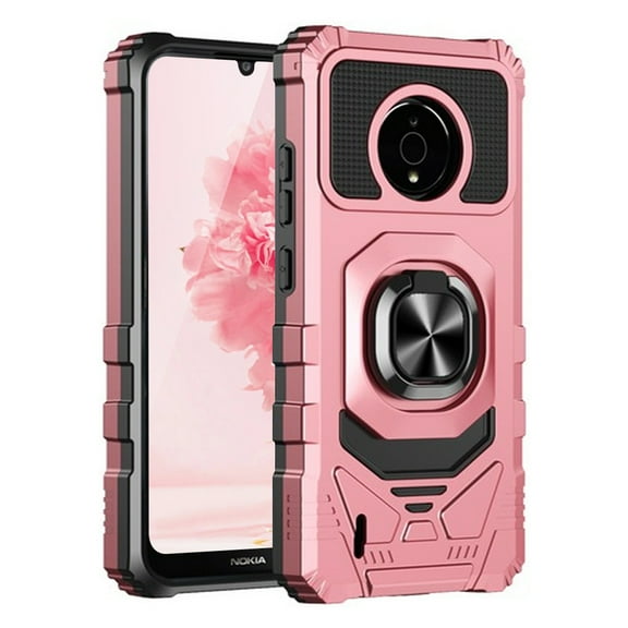 TJS for Nokia C200 (N151DL) Phone Case, [Military Grade] Robotic Magnetic Support Car Mount Metal Ring Holder Kickstand Cover (Rose Gold)