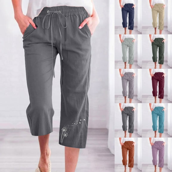 Sakmal Cropped Womens Capri Pants Cotton Linen Wide Leg Pants Spring Trendy Floral Drawstring Capris for Women L
