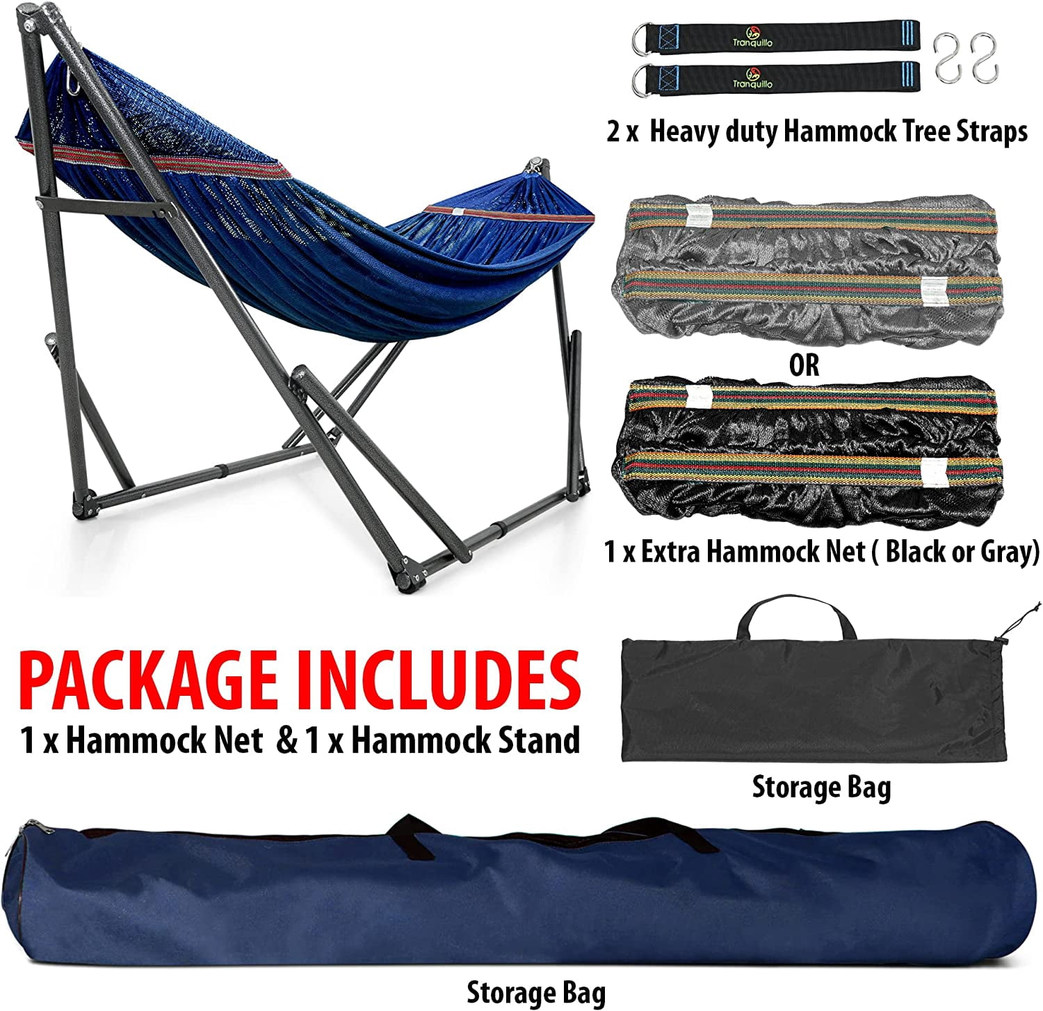 Tranquillo 600lb Capacity 2 Persons 2 Hammocks Included/Foldable Portable Hammocks with Stand, Tree Straps, Carry Bags for Garden Camping, Aegean