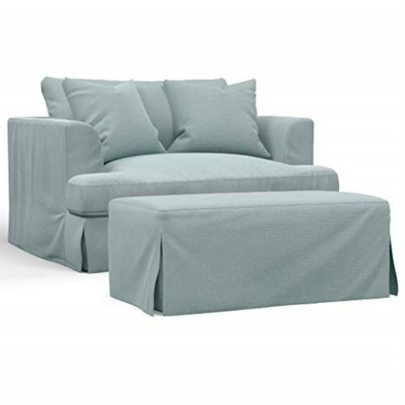 Sunset Trading Newport 52" Fabric Slipcover Chair & A Half with Ottoman in Blue