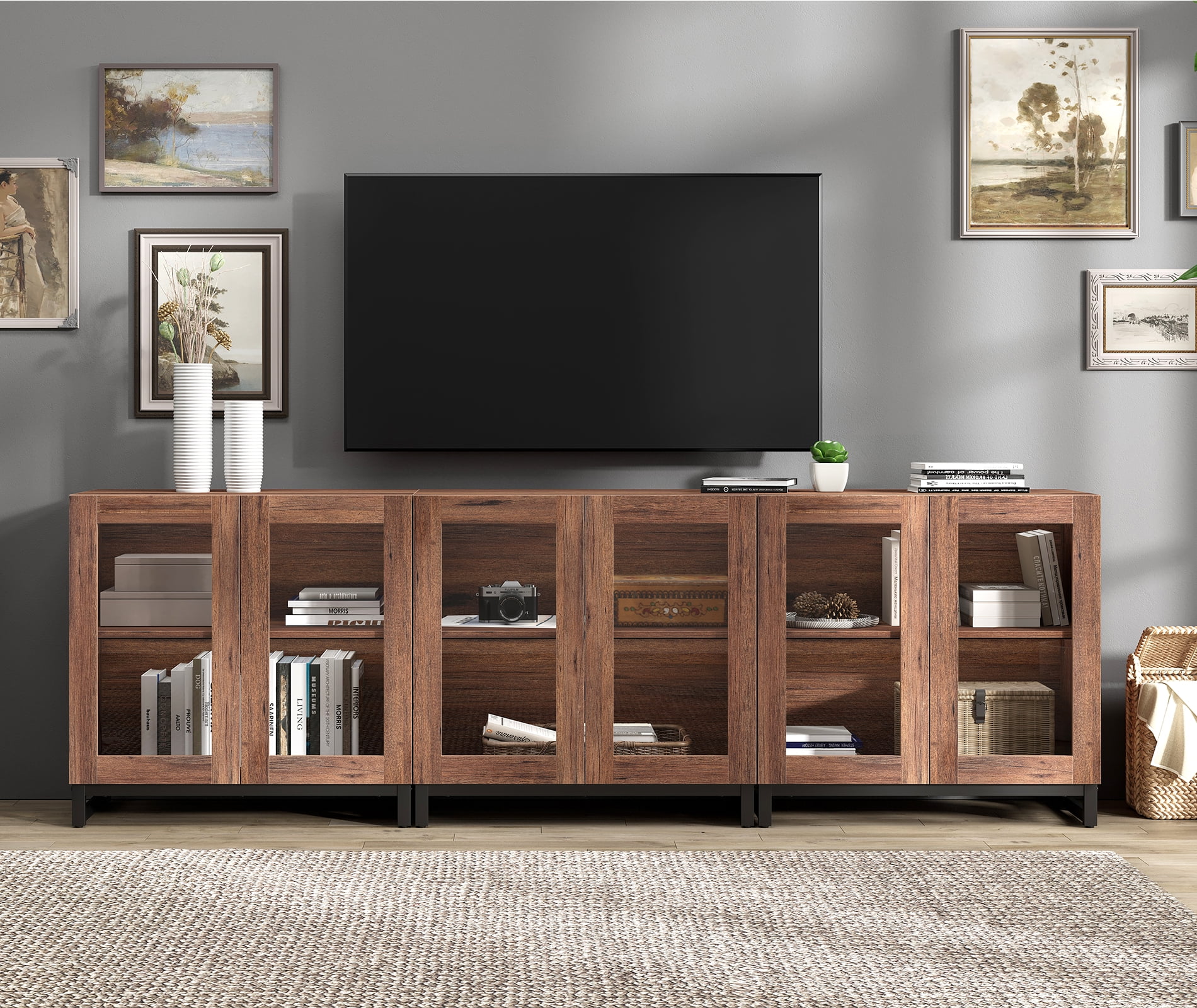 Modern Entertainment Center TV Console with Adjustable Shelves and Glass Doors, Home Media Furniture for 110 Inch TVs, Perfect for Living Room Use,Brown