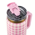 thumbnail image 4 of Thyme & Table 32oz Stainless Steel Luna Tumbler with Handle and Dual Straw Lid, Pink Gingham, 4 of 8