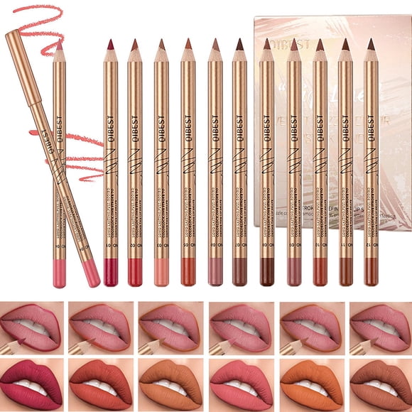 DENESTUP Juego de delineador de labios de 12 colores, serie marrón, rosa y rojo, delineadores de labios, forma de labios regordetes y desnudos, sin manchas, lápiz labial suave de larga duración, lápiz