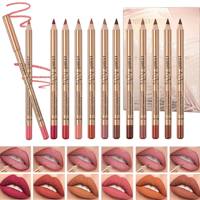 DENESTUP Juego de delineador de labios de 12 colores, serie marrón, rosa y rojo, delineadores de labios, forma de labios regordetes y desnudos, sin manchas, lápiz labial suave de larga duración, lápiz