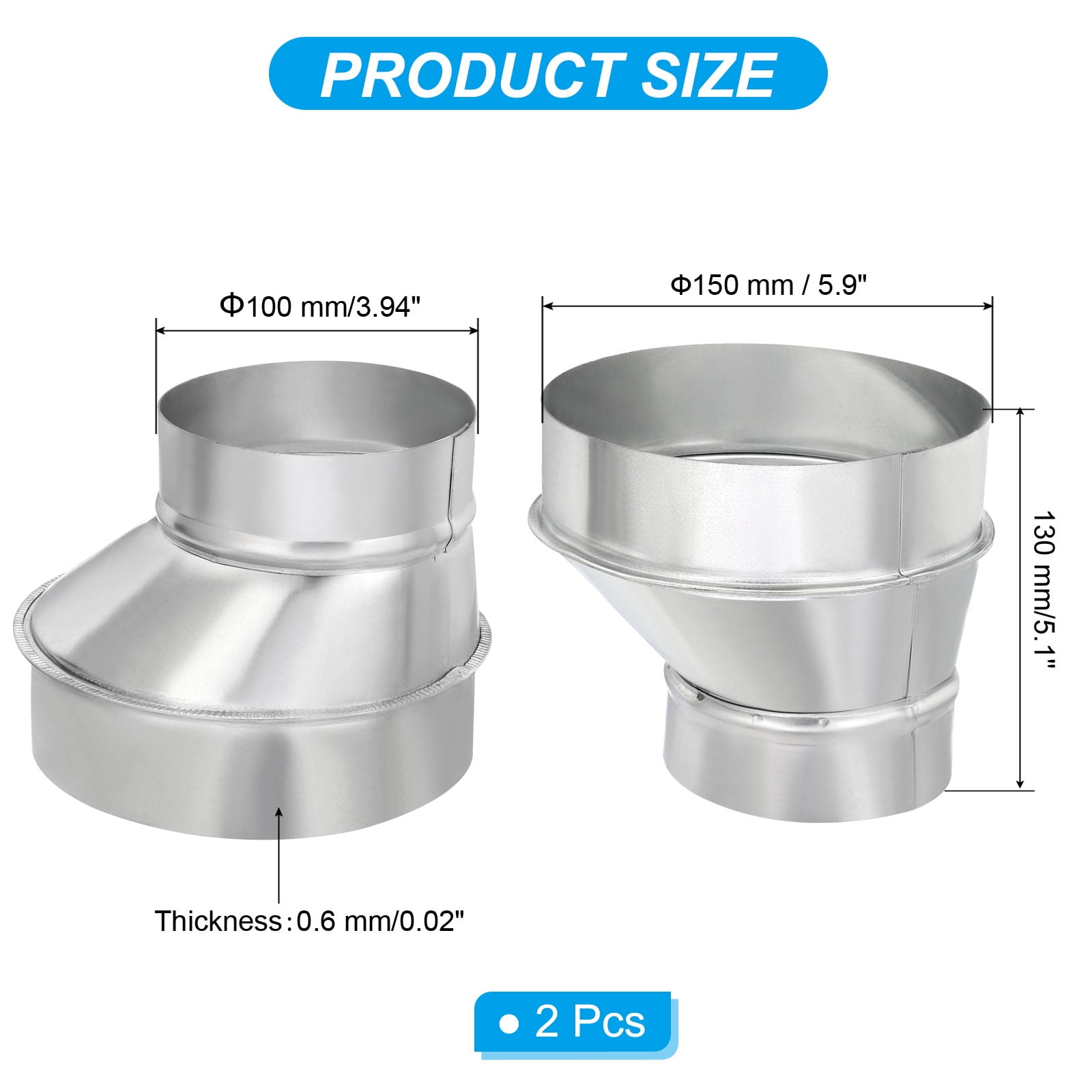 Uxcell 6" to 4" Eccentric Duct Reducer, 2Pcs Galvanized Iron Ducting Connector Round Air Duct Adapter Pipe Fitting