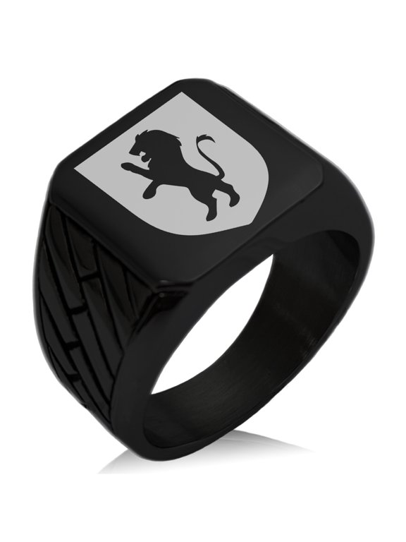 Stainless Steel Lion Courage Coat of Arms Shield Geometric Pattern Biker Style Polished Ring