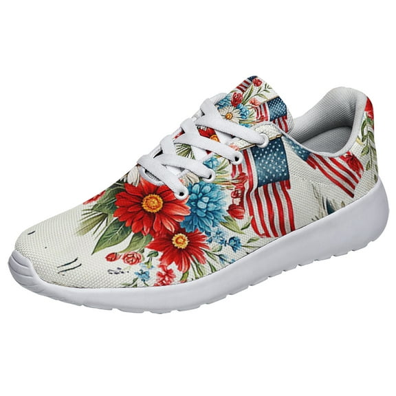 Patriotic Floral Shoes 4th Of July Print Sneakers Lightweight Comfortable Running Shoes for Men Women White Size 3.5