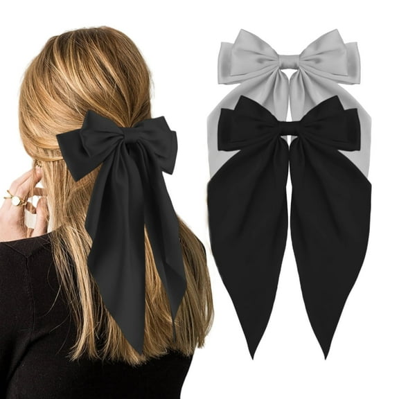 Silky Satin Oversized Hair Bows and Ribbons - 2Pcs Long Tail Bowknot Barrettes With Metal Clips, Aesthetic Hair Accessories, Grey Black