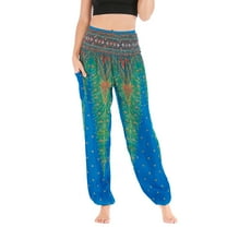 Women's Harem Boho Pants Summer Smocked Waist Loose Flowy Tapered Leg Baggy Hippie Genie Pants Gypsy Indian Bohemian Thailand Yoga Beach Pants Cinch Bottom Casual Joggers Bright Blue Small - X-Large