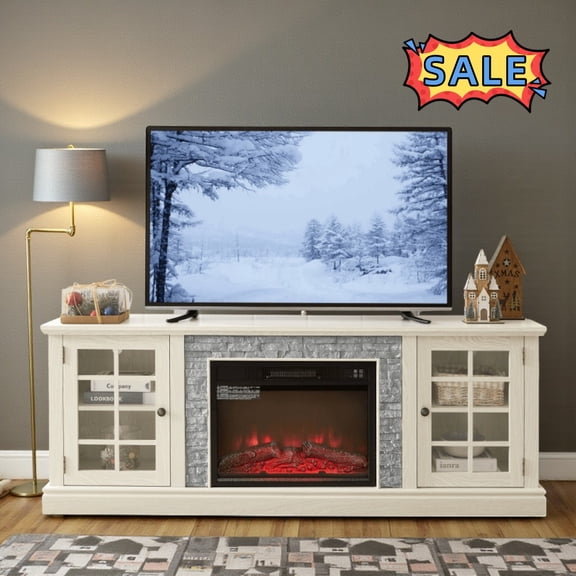 Tcbosik 70" Farmhouse Fireplace TV Stand with 2 Doors for TVs up to 75 inch, Entertainment Center with 23" Electric Fireplace, Media Console with Adjustable Shelves for Living Room, White