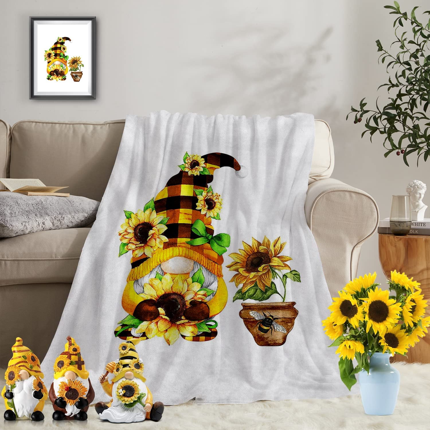 Xsinufn Sunflower Gnome Flannel Throw Blanket,Gnome Blankets for Adults