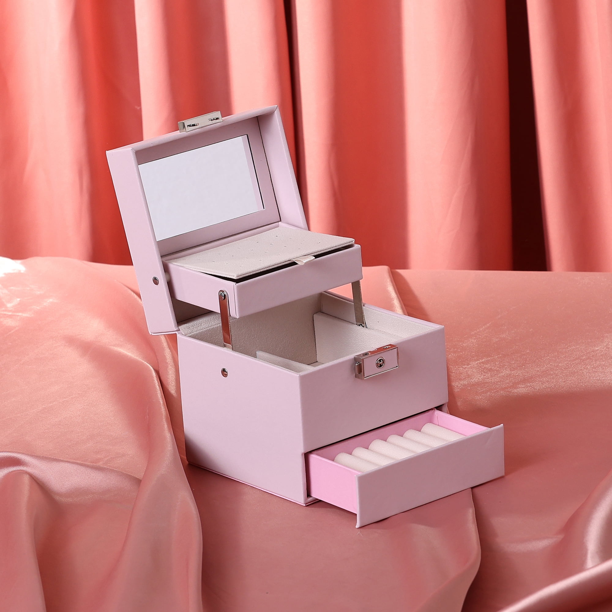 Unique Bargains 3 Layer Jewelry Box with Mirror PU Leather Jewelry Organizer for Women Pink