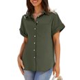 thumbnail image 3 of Women Summer Short Sleeve Shirt V Neck Button Up Top with Pockets, 3 of 4
