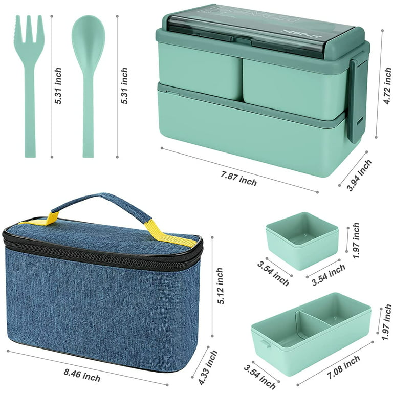 1400ml Lunch Box With 3 Compartments (green)- 2 Layer Bento Box With Bag  And Insulated Cutlery, Meal Prep Container Box For Adults Students Kids