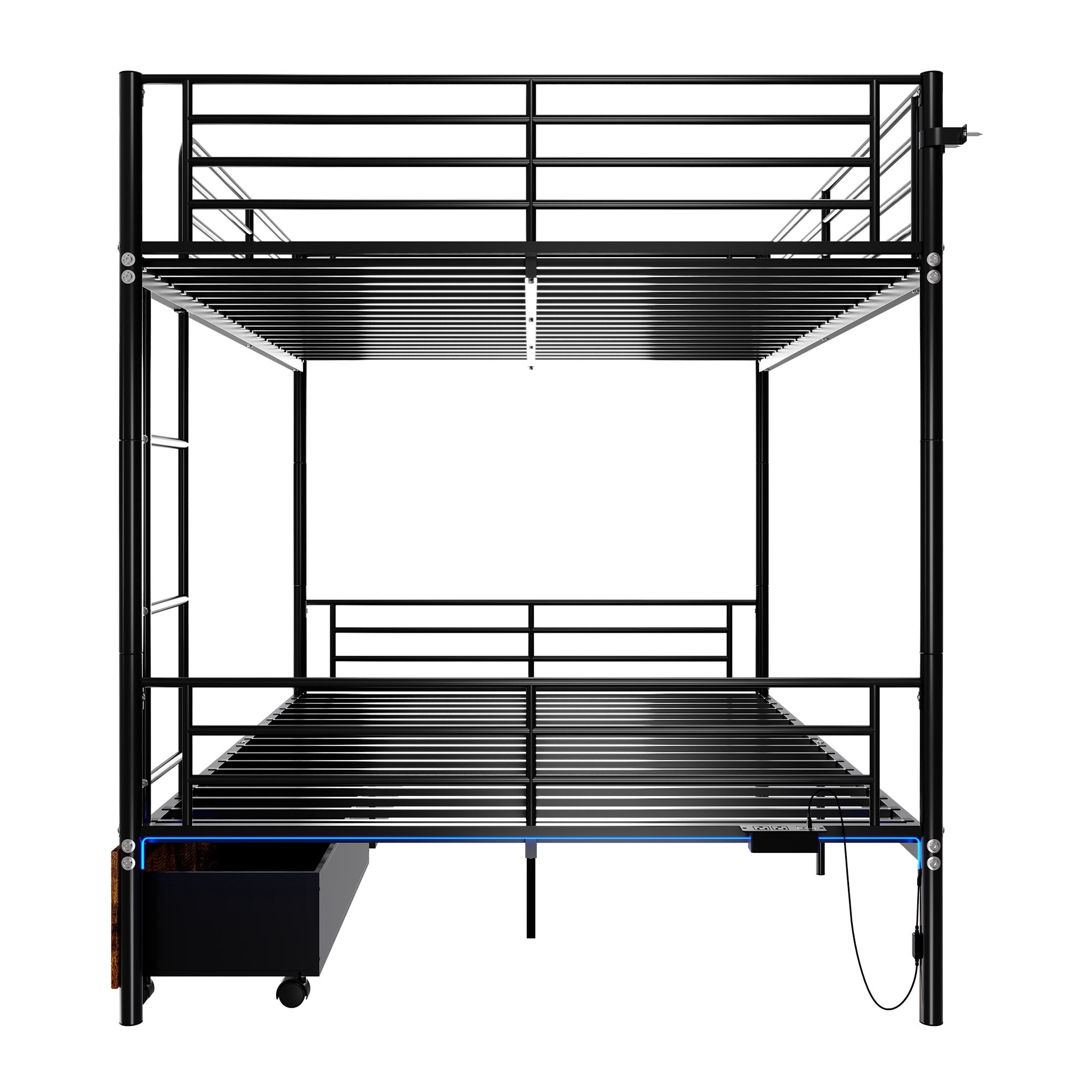 Aisword Full Over Full Metal Bunk Bed with Smart LED Lights & Charging Station,Convertible Platform Bed with 2 Storage Drawers,Noise-Free Iron Frame,Black