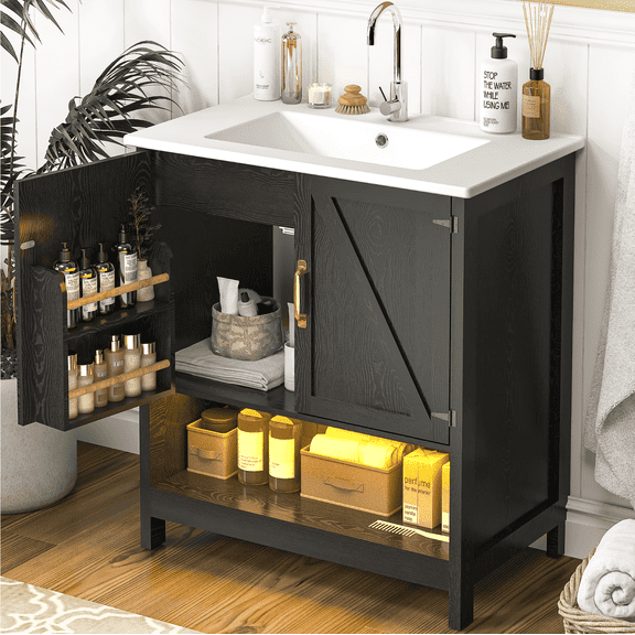 EVOKEDEN 30" Bathroom Vanity w/ Ceramic Sink & LED Light, Freestanding Storage Cabinet w/ Organizer, Black