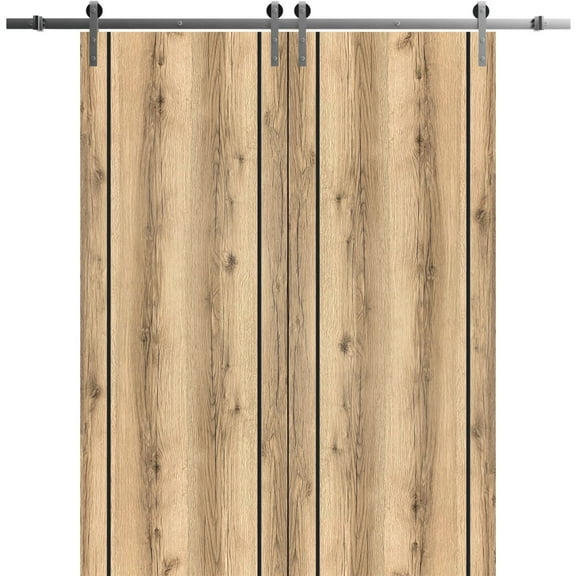 Sturdy Double Barn Door 36 x 80 inches with | Planum 0017 Oak with Frosted Glass | Stainless Steel 13FT Rail Hangers Heavy Set | Solid Panel Interior Doors