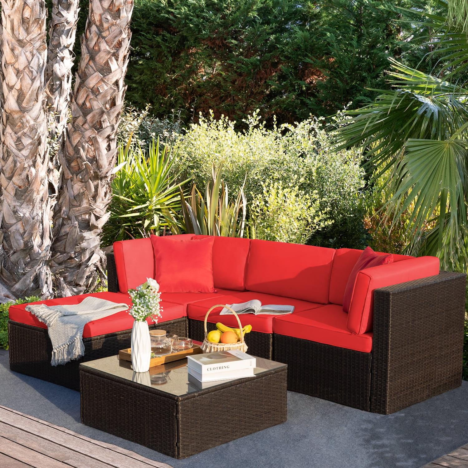 LEMBERI 5 Pieces Outdoor Furniture Patio Conversation Sets All Weather Wicker Sectional Sofa Couch Lawn Sectional Furniture with Washable Couch Cushions and Glass Table RED 
