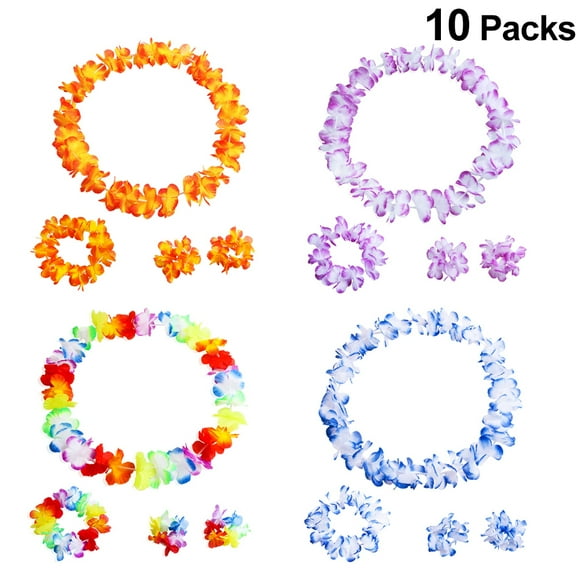 FRCOLOR 10sets/pack 4pcs/set Hawaiian Leis Necklace Flower Wreath and Bracelet Luau Party Supply Innocent Beach Costume Accessory