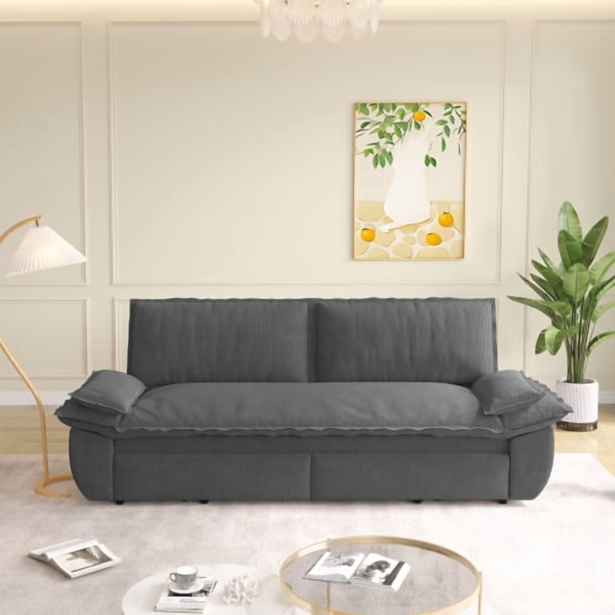 73.2" Queen Pull Out Sofa Bed, 3-in-1 Convertible Sleeper Sofa, Multi-Functional Corduroy Loveseat Couch with Pull-Out Bed, Grey