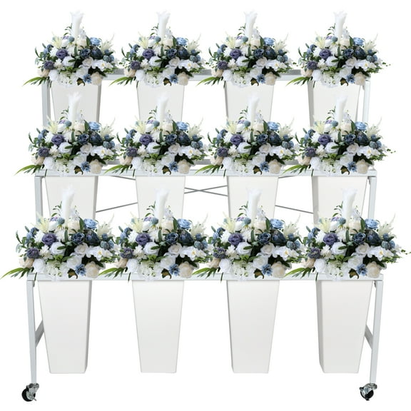 Movable 3-Tier Flower Stand with 12 Black Buckets, Metal Construction, for Home Garages and Workshops