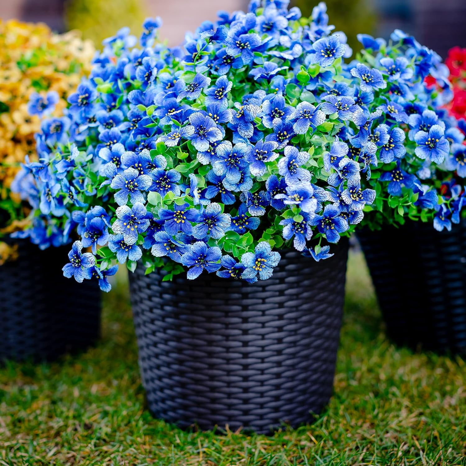 TETOU 16Pcs Artificial Plants Flowers, 13.8*7.5" Fake Silk Colorful Daisy Eucalyptus, UV Resistant Fake Flowers with Plastic Plants for Outside Home Porch Patio Window Yard Decor, Blue