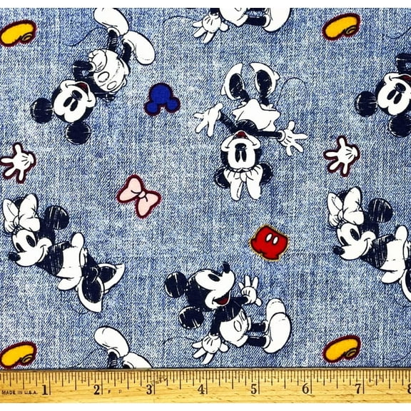 1 Fat Quarter - Disney Mickey & Minnie Mouse on Blue Cotton Fabric - 21" X 18"