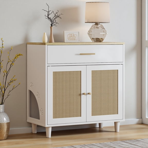 GZXS 31.75" Cat Litter Box Enclosure Furniture, 2-Door Pet Cabinet with Drawer and Sisal Scratching Board, Hidden Litter Box Cabinet for Living Room, Entryway, White
