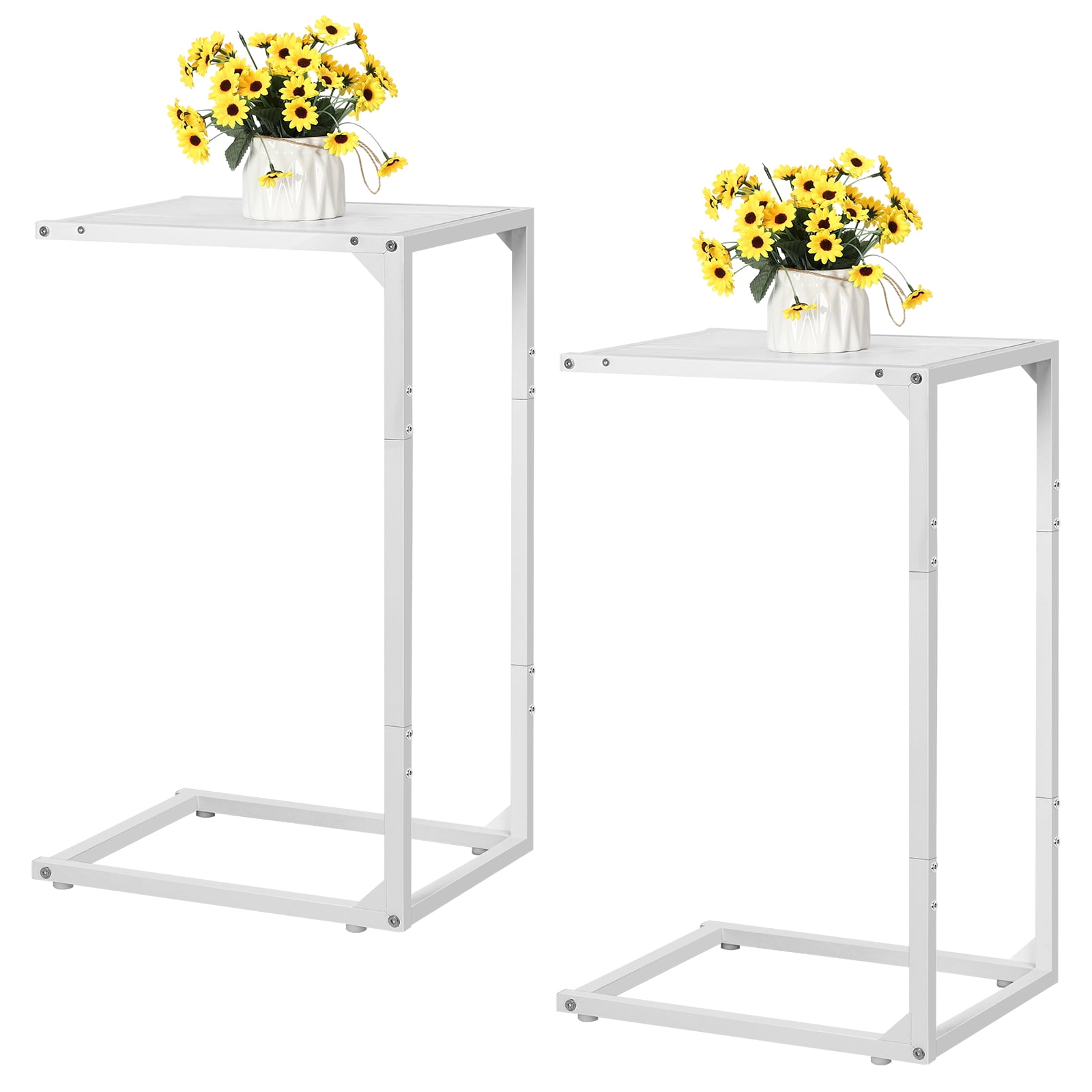 Set of 2 C‑Shaped Side Tables, White Metal Frame End Tables for Sofa and Bedside