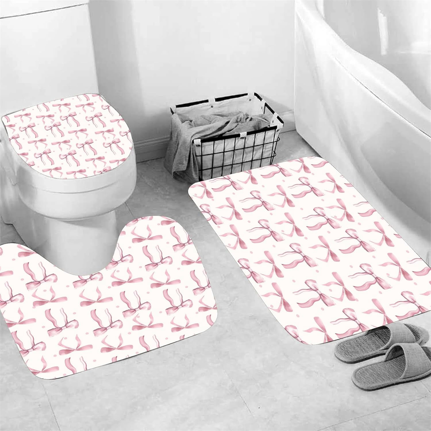 4Pcs Pink Shower Curtain Set Cute Bathroom Sets with Shower Curtain and Rugs and Accessories Aesthetic Bathroom Decor Set with 12 Hooks