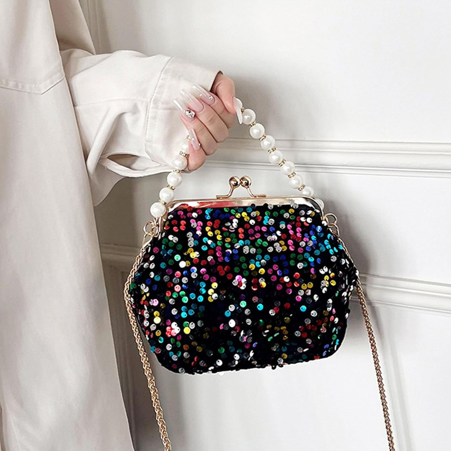 Evening Clutch Purses for Women, Glitter Sequin Crossbody Bag, Elegant Evening Handbag with Pearl for Wedding, Prom