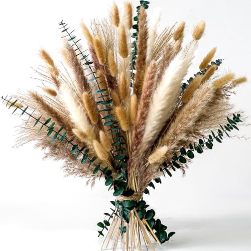 Dried Flower Bouquet with Bunny Tail Grass, Pampas Grass, and Eucalyptus - Boho Centerpiece for Tables and Floors, Fall Grass Arrangement and Stylish Olive Green Wall Decor