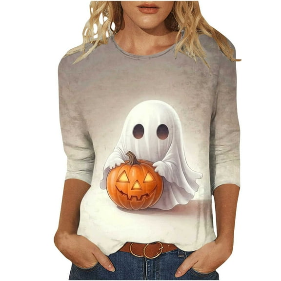 aohooy Funny Womens Halloween Shirt Three Quarter Sleeve Plus Size Graphic T-Shirts Holiday Festivel Party Crewneck Tunic Tops Multicolor,XXL