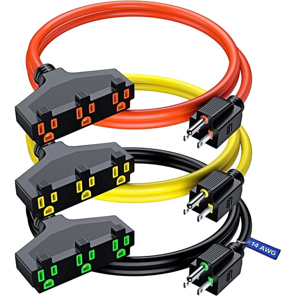 Extension Cord 1.5 Feet, SJTW Extension Cord with Multiple Outlets, 14 Gauge (Orange, Yellow, Black, 3 Pack) ETL Listed