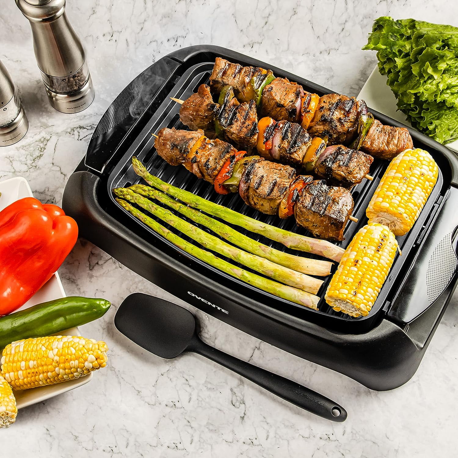 Ovente Electric Indoor Grill with 15 x 10-inch Non-Stick Cooking Plate,  Dishwasher-Safe Base and Removable Drip Tray, Adjustable Temperature Knob