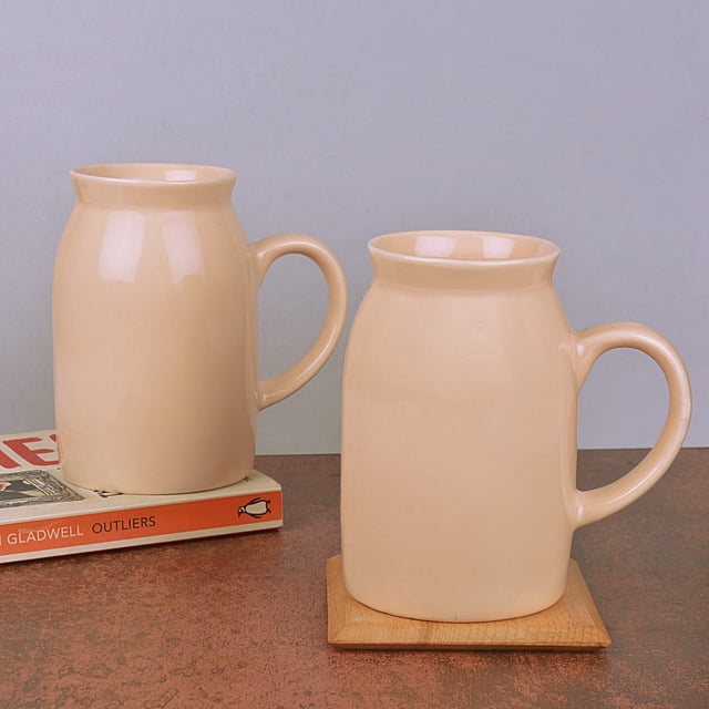 Hand Painted Ceramic Mason Jar Mugs Set Of 2 - Peach, 500ml Each | Cold Coffee Mugs | Smoothie Mugs | Bottle Mugs
