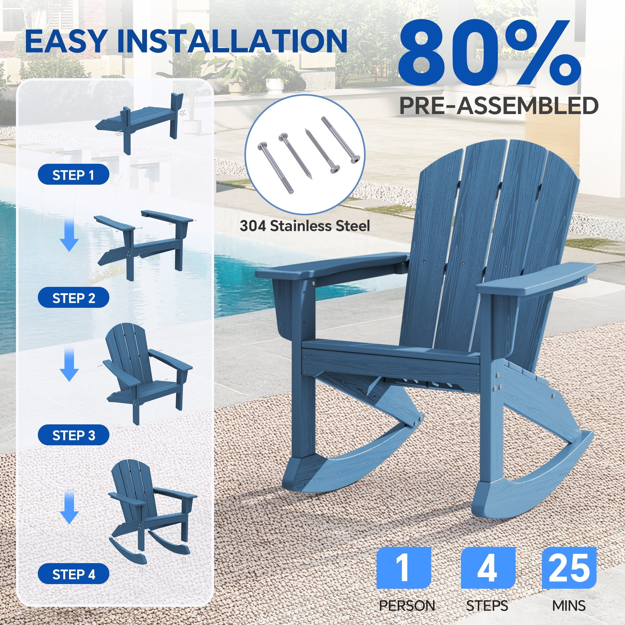 SERWALL Rocking Adirondack Chair, HDPE Outdoor Rocking Chair, All Weather Porch Rocking Chair for Patio, Blue