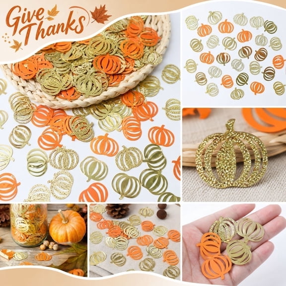 100 Pack Pumpkin Paper Confetti Orange Gold Dual Color Hollow Cutout Pumpkin Shape Scatter for Thanksgiving Fall Harvest Table Party Decoration