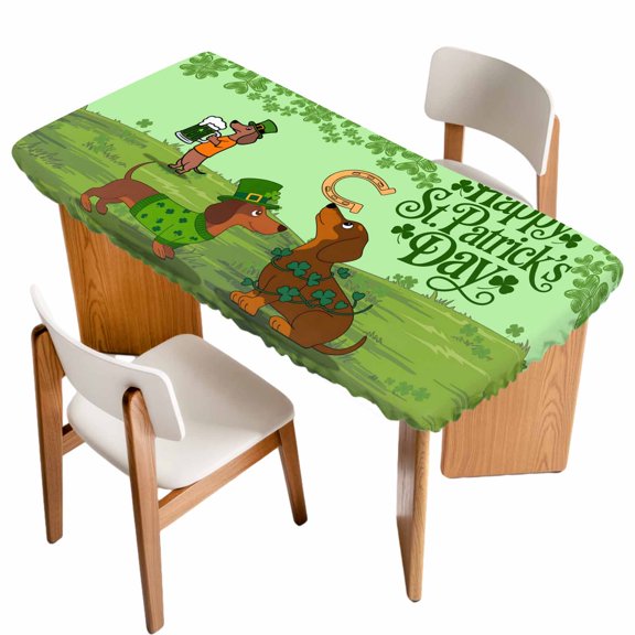 Green St. Patrick's Day Table Cloths for 3 Foot Rectangle Tables, Green Lucky Clovers Dog Patio Waterproof Elastic Fitted Tablecloths, Washable Rectangular Table Cover for Camping
