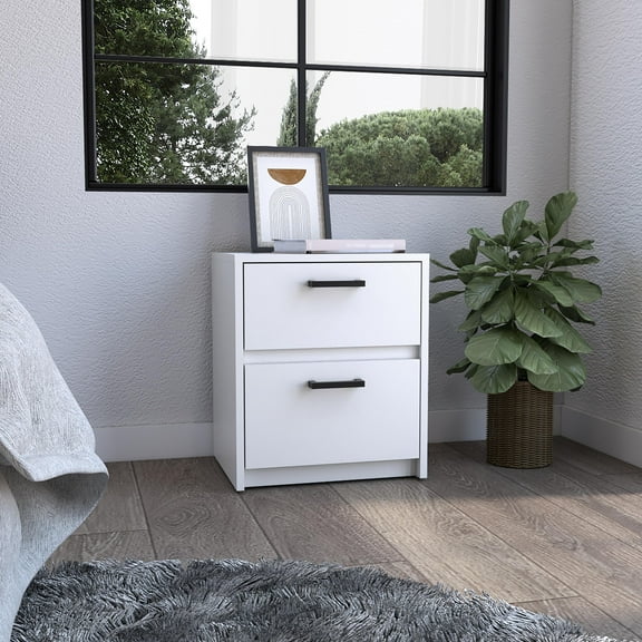 Knubmt Wood Nightstand with Handles and 2 Drawers, Beside Table for Home, Bedroom, Office, White