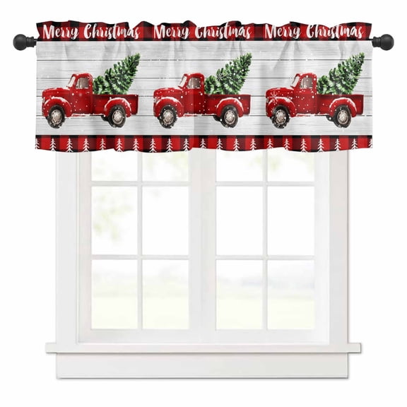 Merry Christmas Valances for Windows Red Car Xmas Tree Brown Wood Plaid Rod Pocket Curtain Valance Window Treatment Short Curtains for Kitchen Living Room, 60"x18"