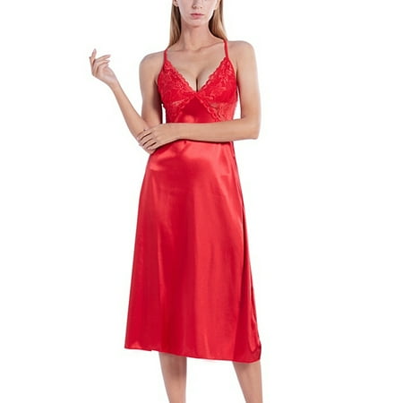 Women s Lace Chemise Sleepwear Silky Satin Nightgown Sexy Long Slip Lingerie Nightdress  Wine M