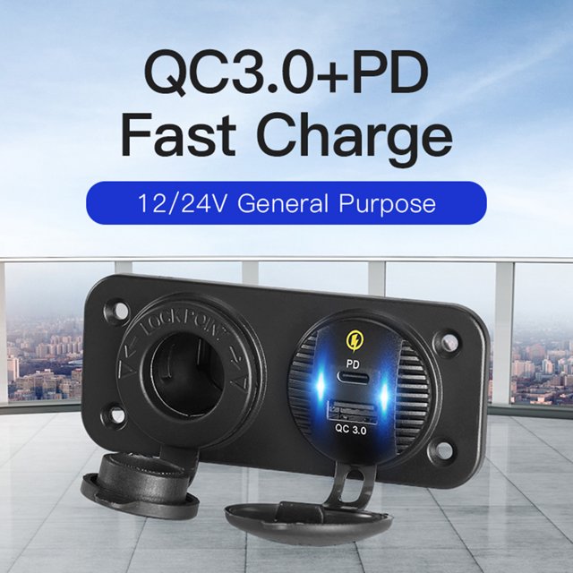 Cargador de barco de motocicleta de coche QC3.0 + PD cargador USB Panel de toma de encendedor de cigarrillos