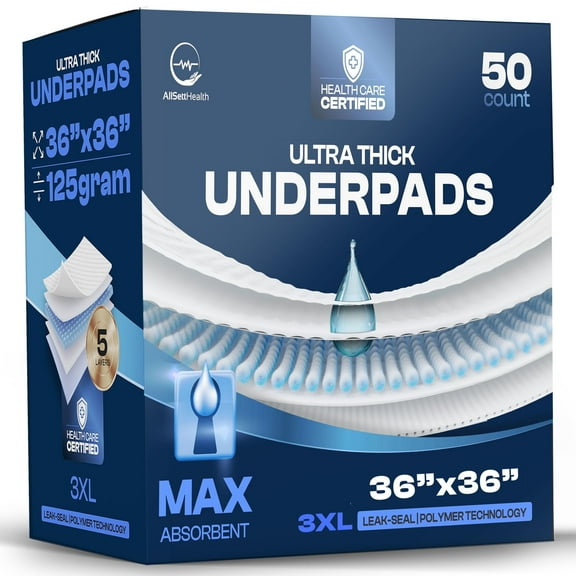125 Gram Incontinence Bed Pads Disposable for Adults 50 Pack XXL 36" x 36" Super Absorbent Waterproof Bed Liner, Pee Pads for Adults - Chucks Pads