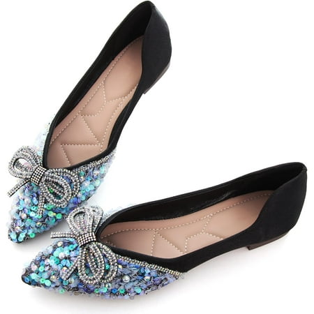 

Pfhytec LU Bow-Knot Ballet Flats for Women Pointed Toe Crystals Shoes Comfort Light Weight Loafers