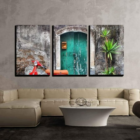 3 Piece Scooter - wall26 - 3 Piece Canvas Wall Art - Photo of Red Scooter near Green Door and Palm - Modern Home Decor Stretched and Framed Ready to Hang - 24