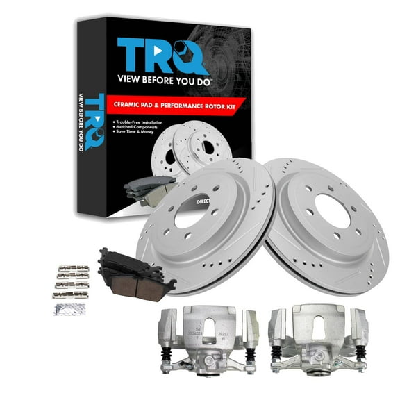 TRQ Rear Performance Brake Pad & Rotor Kit Brake Caliper Brake Pads Brake Rotors Set Ceramic Vented Premium G-Coated Fits Select 2018 Ford F-150